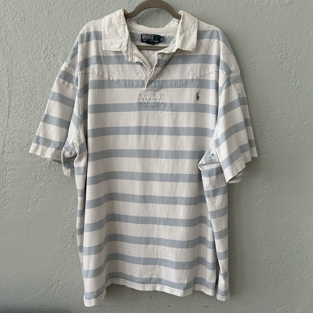 Polo Ralph Lauren Rugby Shirt 4XB Big Blue White Stripe Cotton Flesh Pony Preppy